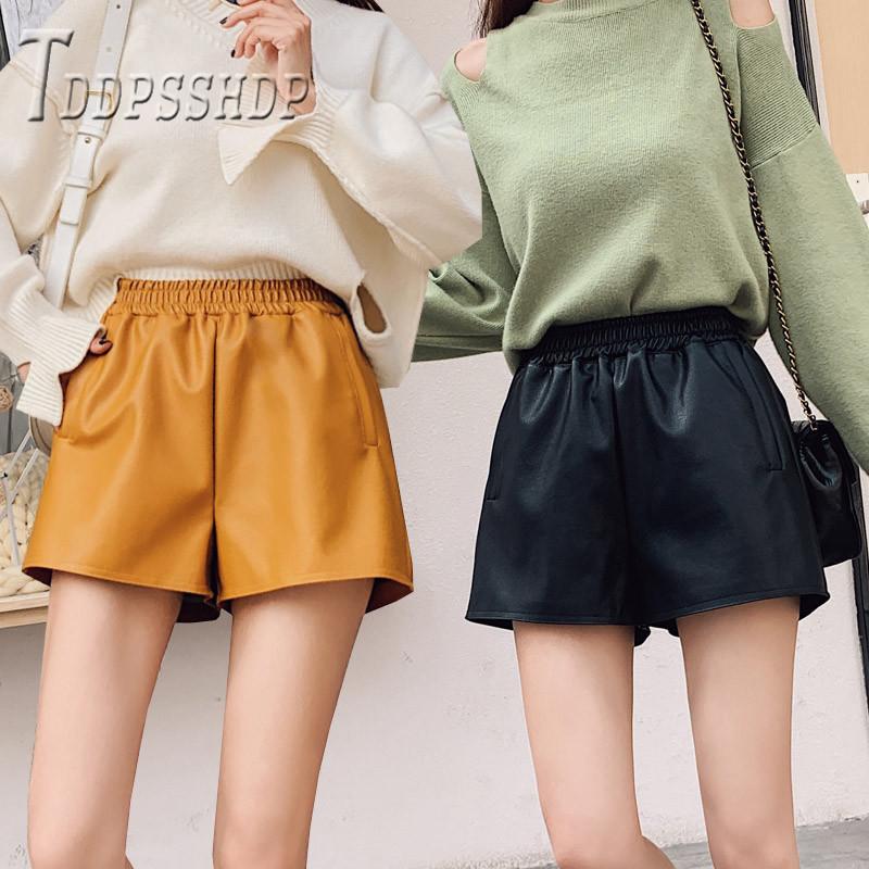 

Autumn Pu Leather Women Shorts Black And Orange Color Elastic Waist Female Women
