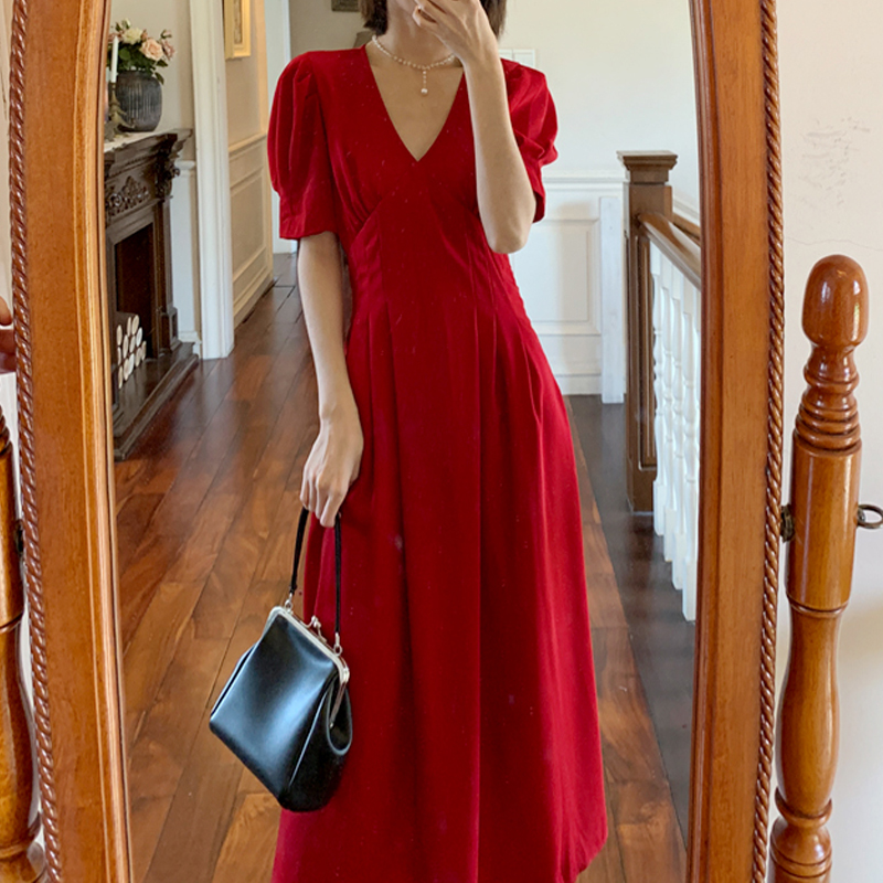 

elegant women long dress summer deep v-neck slim female short sleeve party vestidos vintage puff sleeve ladies maxi dresses, Black;gray