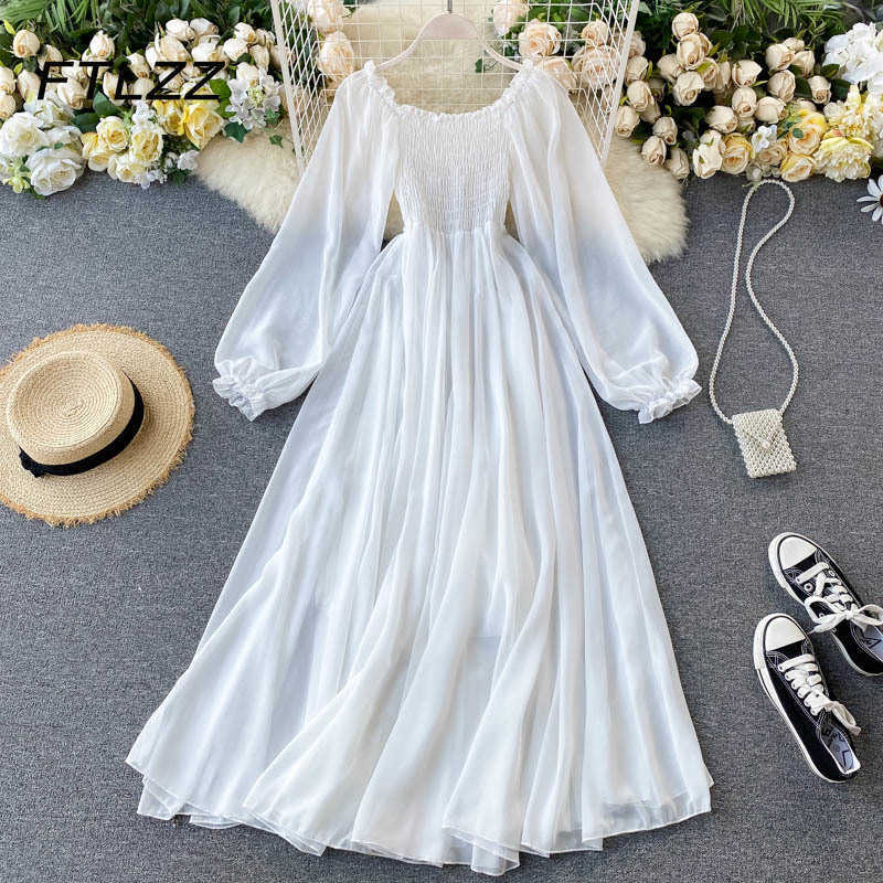 

Women White Dress Spring Summer Puff Long Sleeve Slim A Line Beach Dresses Ladies Elegant Chiffon Robe Vestidos Mujer 210602