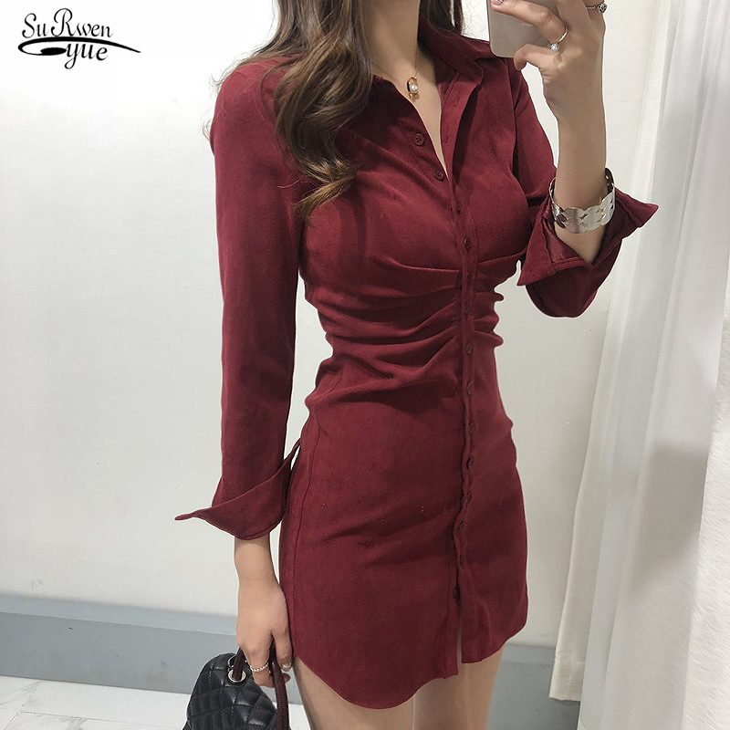 

Fashion Women Solid Color Pleat Shirt Dress Office Lady Short Sleeve Casual Slim Breasted Vestido Chic Velvet Dresses 12924 210521, Dark blue