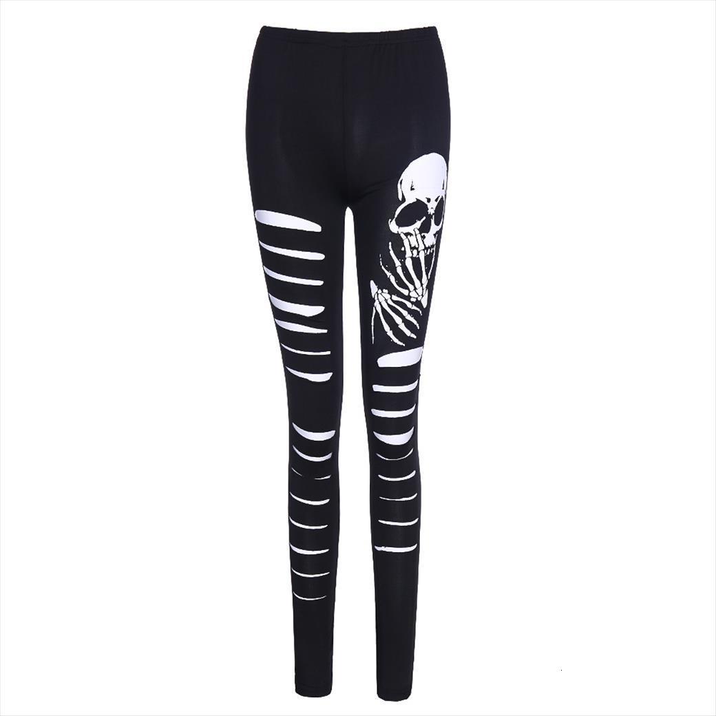 

019 fashion skull printed hollow womens pant hole leggings high quality, Black;white