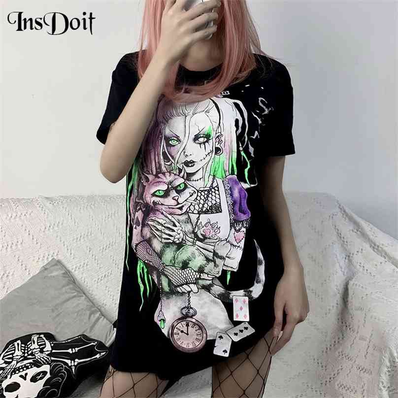 

InsDoit Printed Women T-Shirt Gothic Harajuku Short Sleeve Loose Black T Shirt Streetwear Punk Casual Cotton Summer Tops 210720