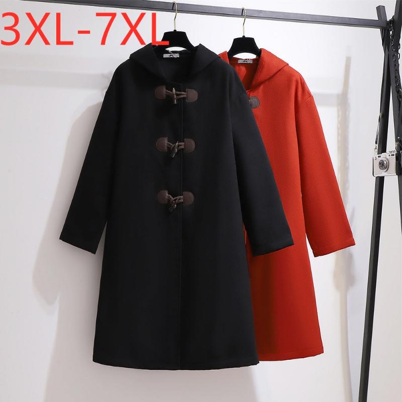 

Ladies Winter Plus Size Long Hoodie For Women Large Sleeve Loose Red Black Button Woollen Coat  5XL 6XL 7XL Women's Wool & Blends