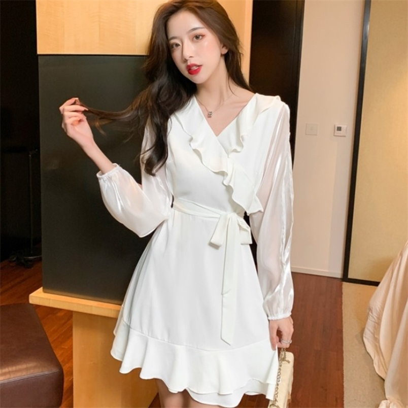 

Women's Spring Fashion French Retro V-Neck Long Sleeve Lace Up Holiday Casual Ruffles Mini Dress Female 210519, Photo color