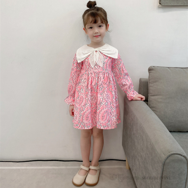 

Luxury Children floral printed Dress Designer Kids square lapel long sleeve pleated Dresses 2021 autumn Girls princess Clothing A7659, Red;yellow