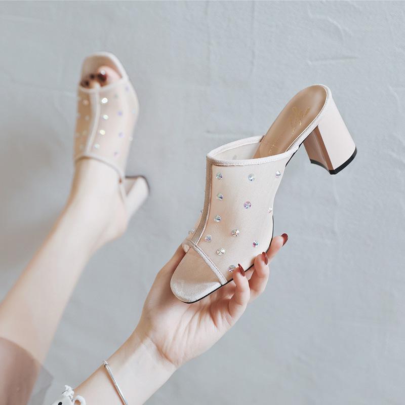 

Slippers Generation Beauty Thick Heel Sandals 2021 Summer Diamond Open Toe Women's Shoes Fashion Square Head High Heels, Black