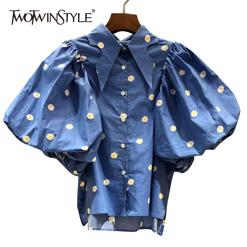 

Blue Casual Print Shirt For Women Lapel Puff Short Sleeve Korean Slim Blouses Females Summer Fashion Style 210524