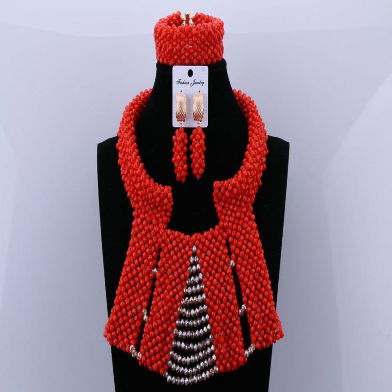 

Earrings & Necklace Party Bridal Jewelry Set Classic Red Gold Design Nigerian Beads 2021, Silver