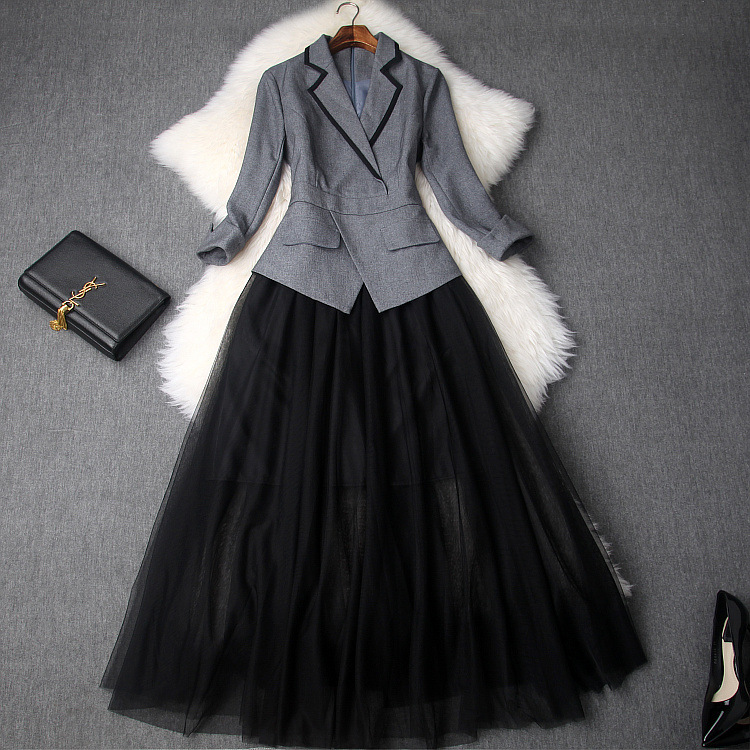 

Casual Dresses European and American women' wear autumn The Seven - point sleeve lapel Stitching net yarn Slim dress G88K, Gray