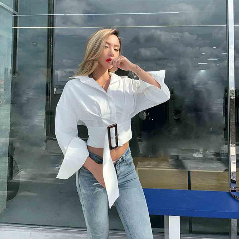 

Women's Blouses & Shirts Casual Long Sleeve Turn-down Collar Loose Blouse Women Sashes Decoration Autumn Winter Fashion White Streetwear Shi