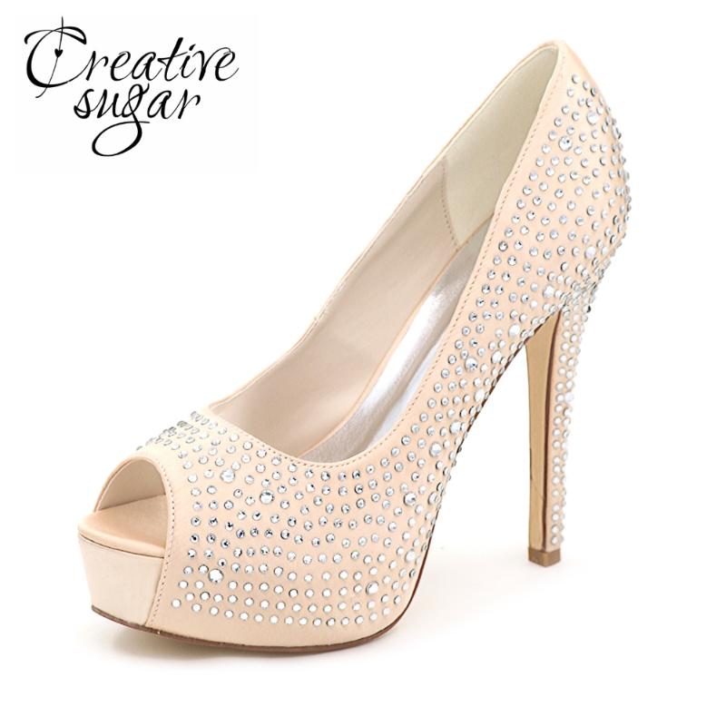

Creativesugar Lady Platform High Heel Rhinestone Diamond Bridal Wedding Party Banquet Evening Dress Shoes Open Toe Champagne, Ivory