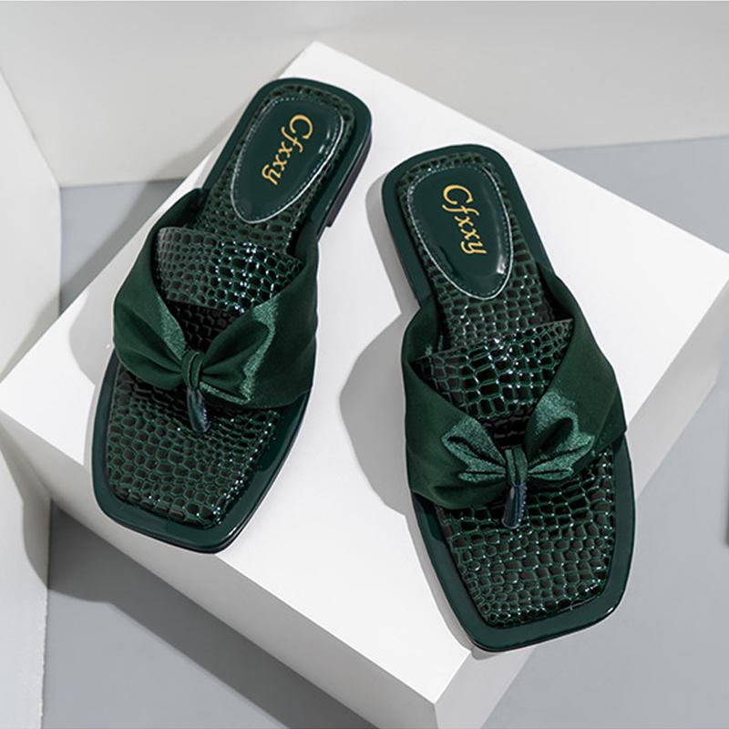 

Slippers Summer Women Ribbon Bow Flat Bottom Female Sandals Stone Pattern Square Toe Ladies Shoes Slides Women's, Black