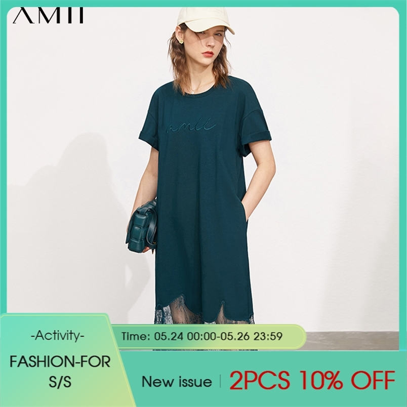 

Minimalism Women's Summer Dress Fashoin Lace Patchwork Oneck Letter Embroidery Loose Tshirt 12130200 210527, Black