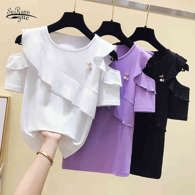

Fashion Short Sleeve Off Shoulder Blouse Tops Women Summer Slim Solid Color Ruffle Shirt Clothes Blusas 9117 50 210521, Purple