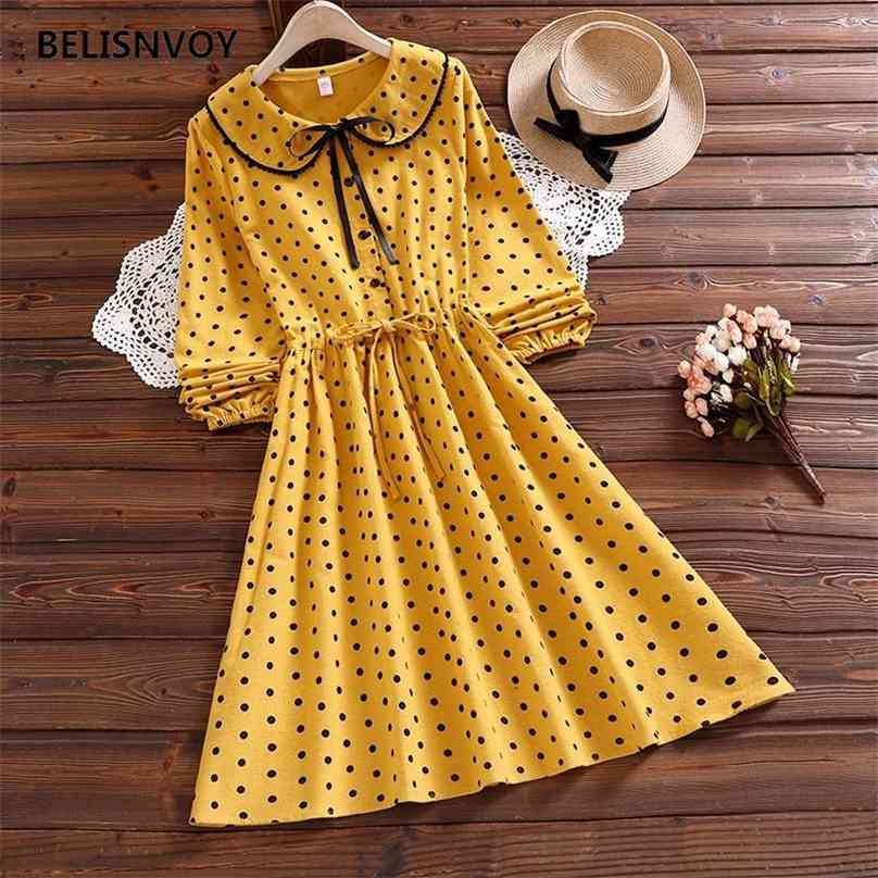

Japanese Mori Girl Autumn Spring Women Mini Dress Peter Pan Collar With Bow Apricot Polka Dot Vestidos Elegant Kawaii 210520, Khaki