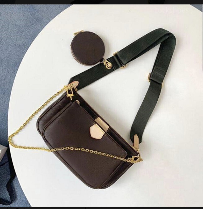 

M44823 favorite multi pochette accessories Shoulder Bags three piece set purse women messenger bag satchel crossbody lady package purses come with box, Brown flower-red shoulder strap