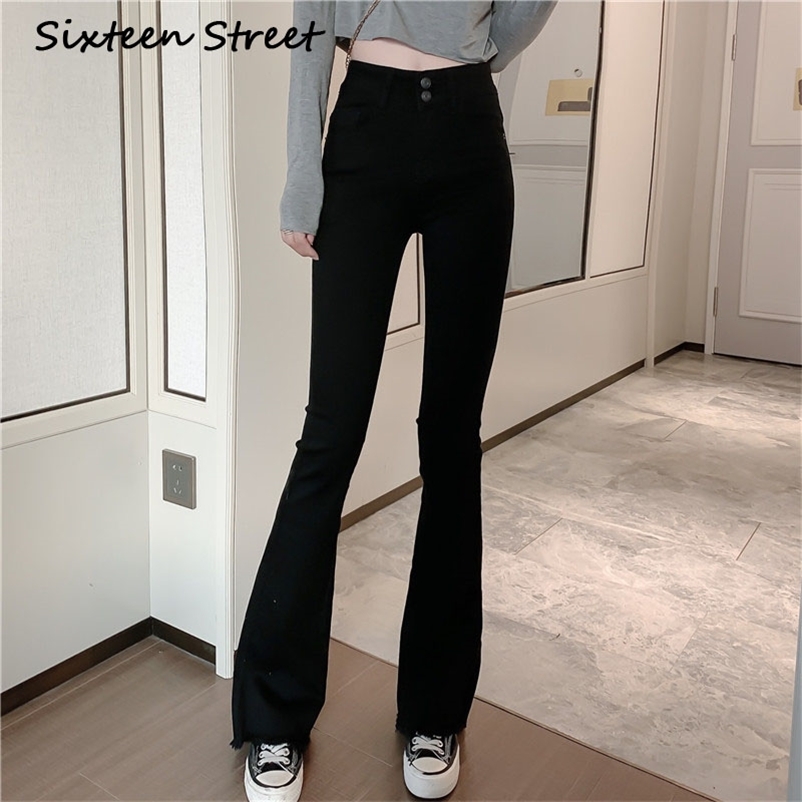 

Women Pants Female Jeans High Waist Trouser Casual Sexy Vintage Flare Washed Denim Black Cotton Korean Style Elasticity 210629, Bu-jeans