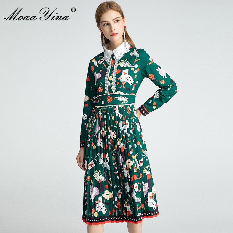 

Fashion Designer dress Autumn Women's Dress Long Sleeve Beading Playing cards Small animals Print Pleated Dresses 210524, Green