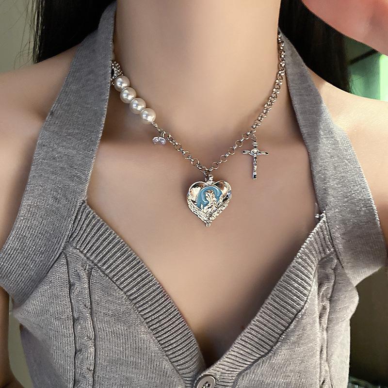 Chains INSHE HOUSE Pearl Diamond Purple Love Heart Cross Necklace Women 2021 Wedding Party Friendship Necklaces Jewelry-image-701804746