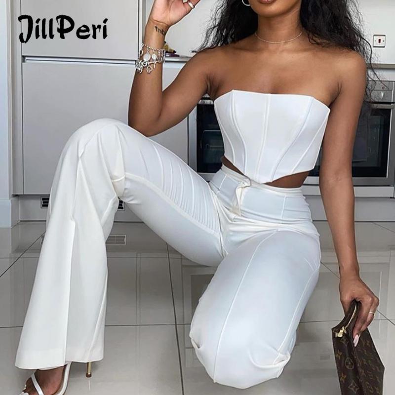 

Women' Tracksuits JillPeri Strapless Corset Crop Top And Flare Pants Sets Solid High Waist Women Sexy Outfit Elegant Casual Legging 2 Piece, Ivory