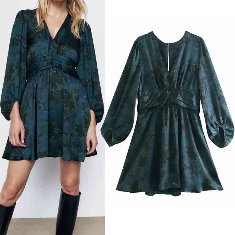 

Vintage Printed Blue Black Mini Dress Women Draped Puff Long Sleeve Woman Pleated Waist Elegant es 210519