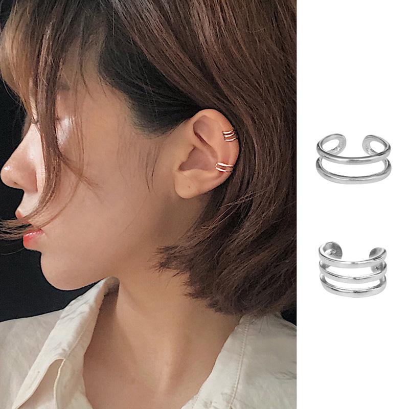 

Stud 2021 Double-line Ear Clip For Girl Non-pierced False Earrings Kpop Trendy Clips Double-layer Wave Unisex Oorbellen, Golden;silver