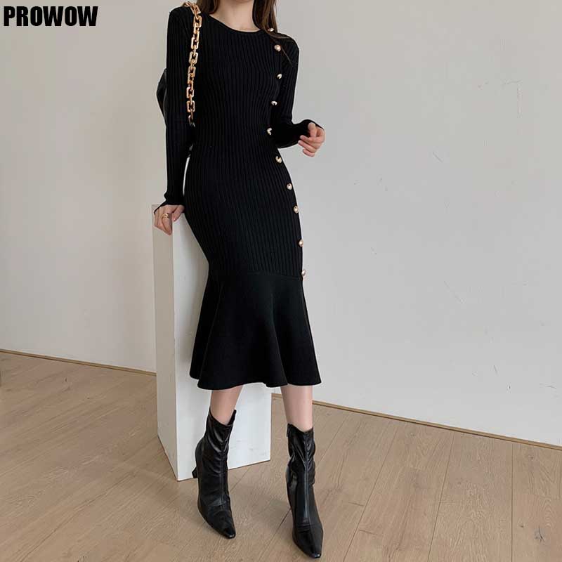 

korean ladies knitted sweater dress one-piece elegant slim office fishtail buttocks dress 2021 winter womens long sleeve dress, Black;gray