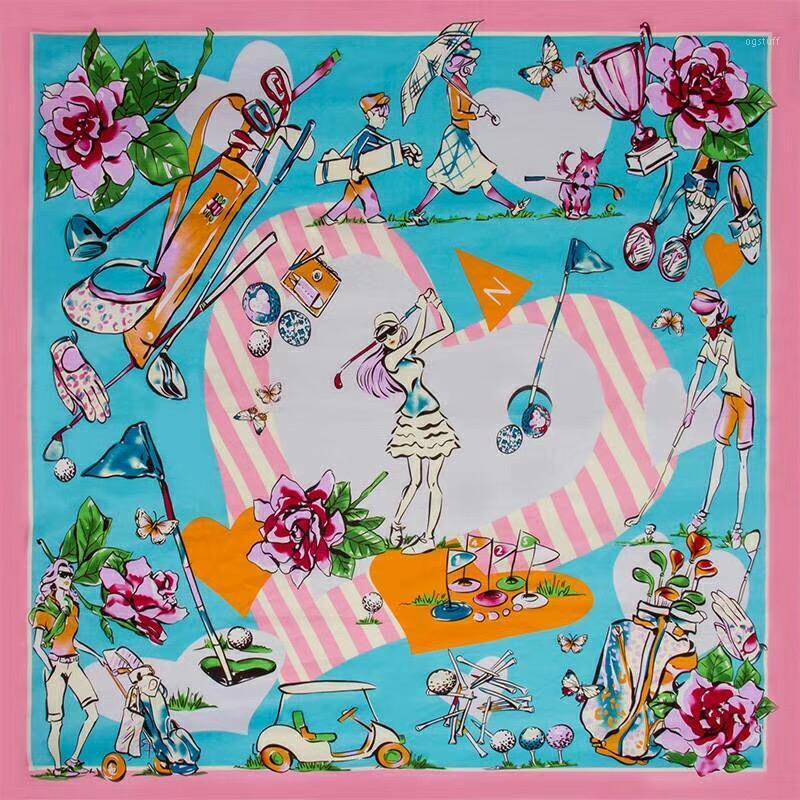 

Scarves KOI LEAPING Fashion 130x130 Silk Scarf Love Little Girl Golf Printing Shawl Female Big Headscarf Sunscreen Gift, Blue;gray