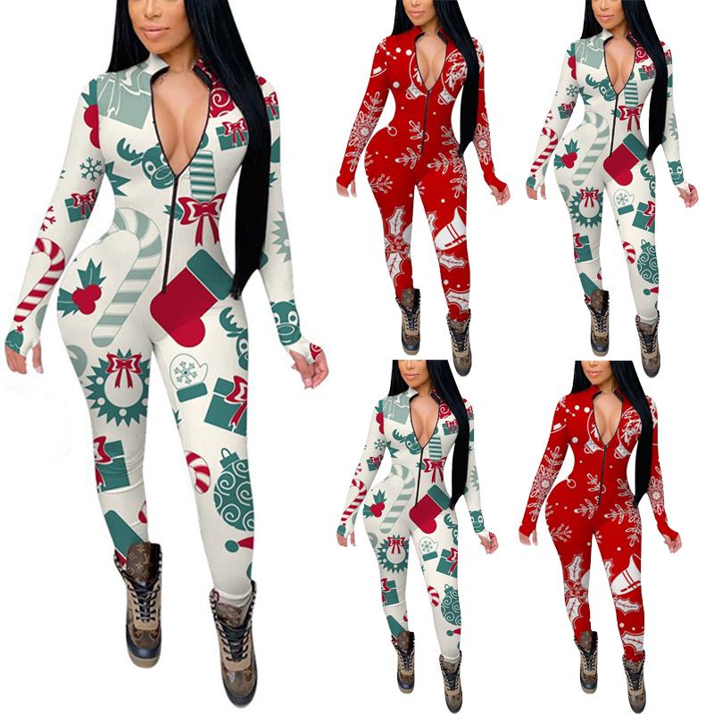 

Women's Jumpsuits & Rompers Xmas Jumpsuit Pajamas For Adults Women Sleepwear Pijama Sexy Mujer Bodysuit Christmas Printed Ladies Long Home C, Black;white