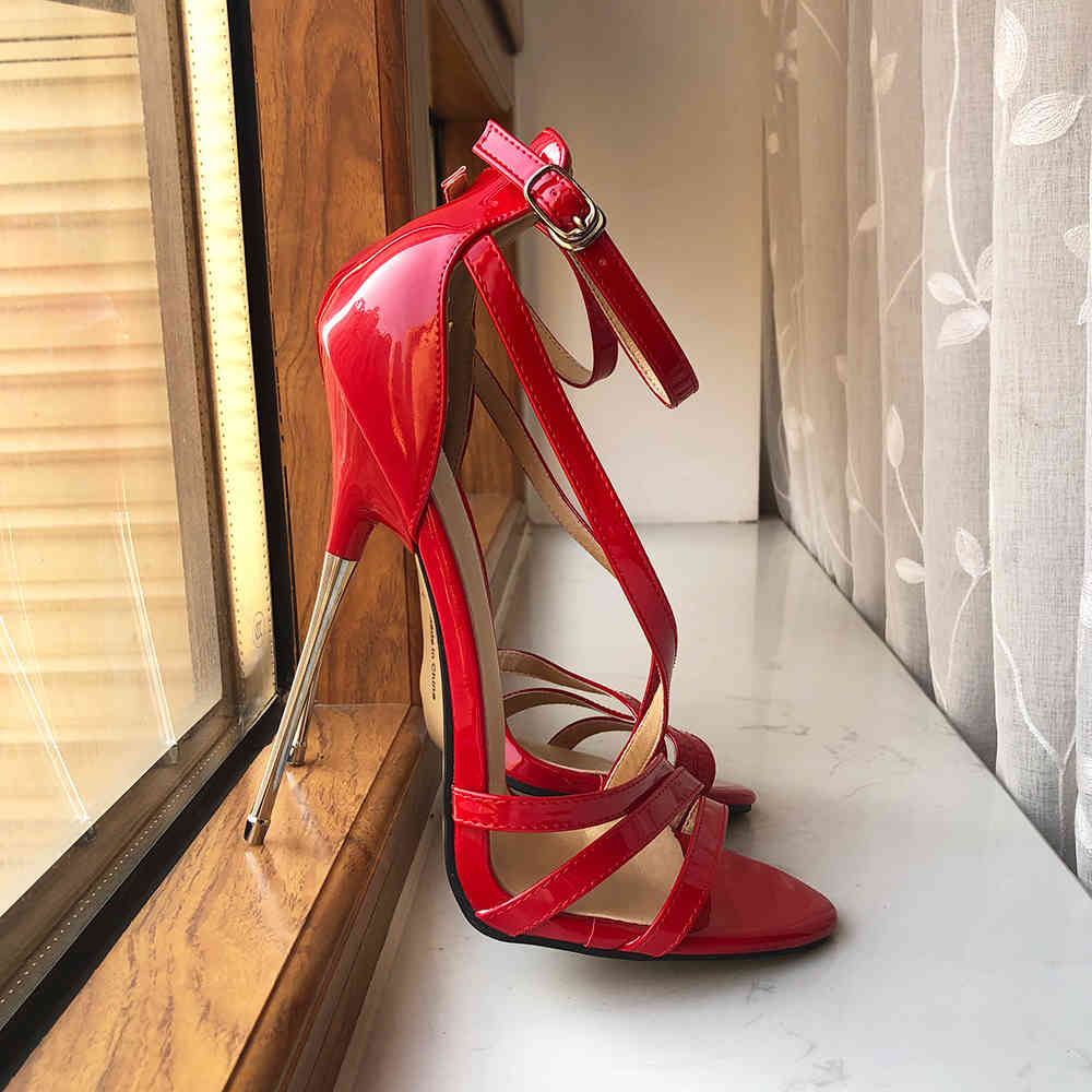 

dress shoes tikicup 16cm high metal stiletto heels women sandals ladies ankle strap pumps summer party big size 35-46 f15h, Black