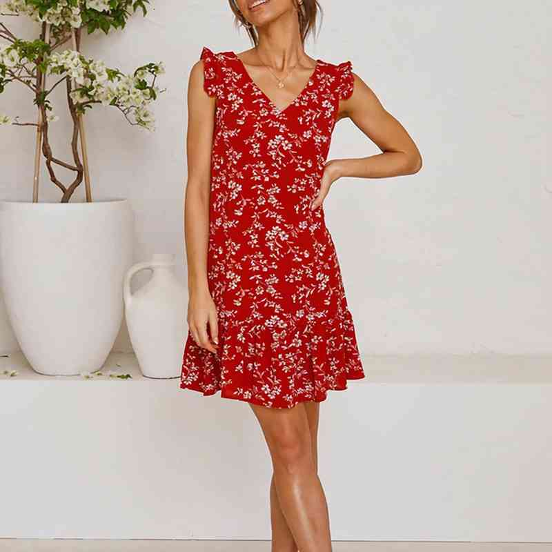 

summer boho short dress female flower print dresses sleeveless loose casual ruffle sundress beach wear, Black;gray