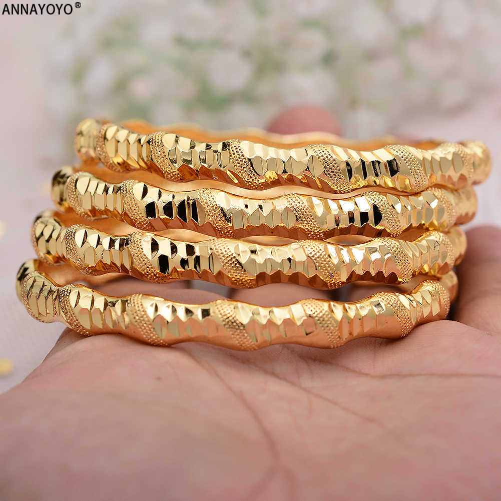 

Annayoyo 4pcs New Fashion 24k Gold Color Wedding Bangles for Women Bride Bracelets Ethiopian/france/african/dubai Jewelry Gifts Q0720