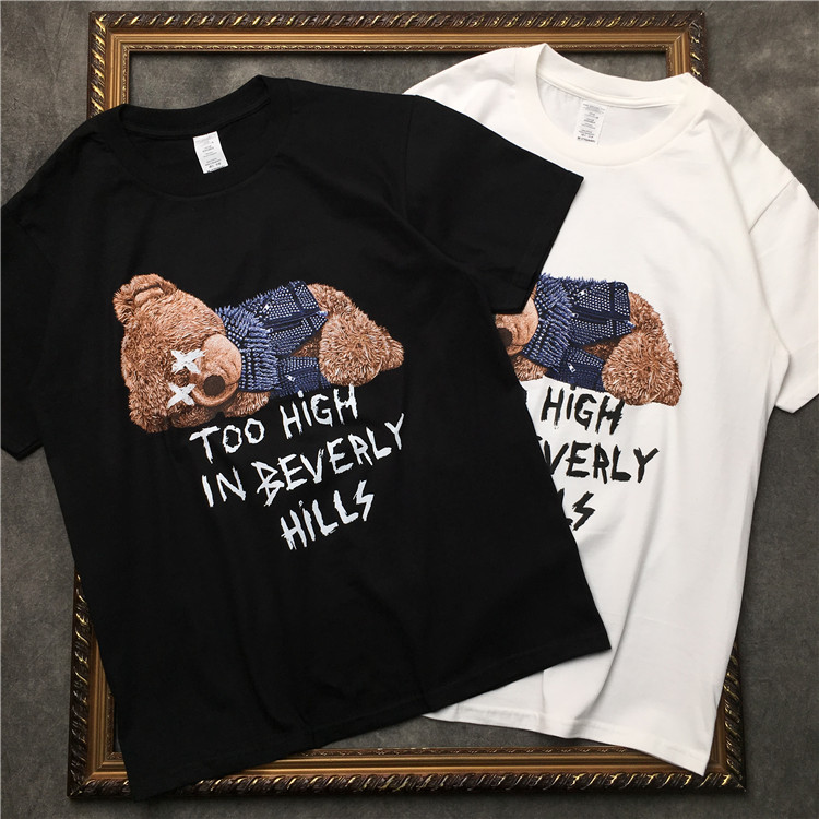 

male t shirt black white street Fashion 2 colours school style Plush bear print T-Shirt Summer crew neck 100% Cotton men Short-Sleeved Tee