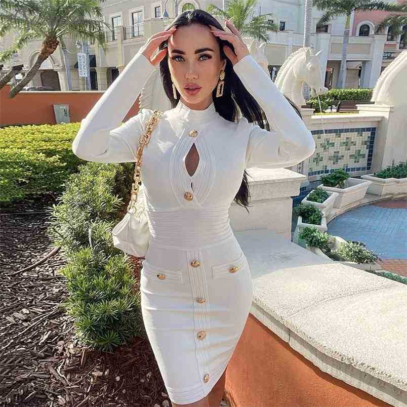 

High Quality Women's Sexy Button White Long Sleeve Celebrity Bodycon Rayon Bandage Dress Elegant Runway Party 210525