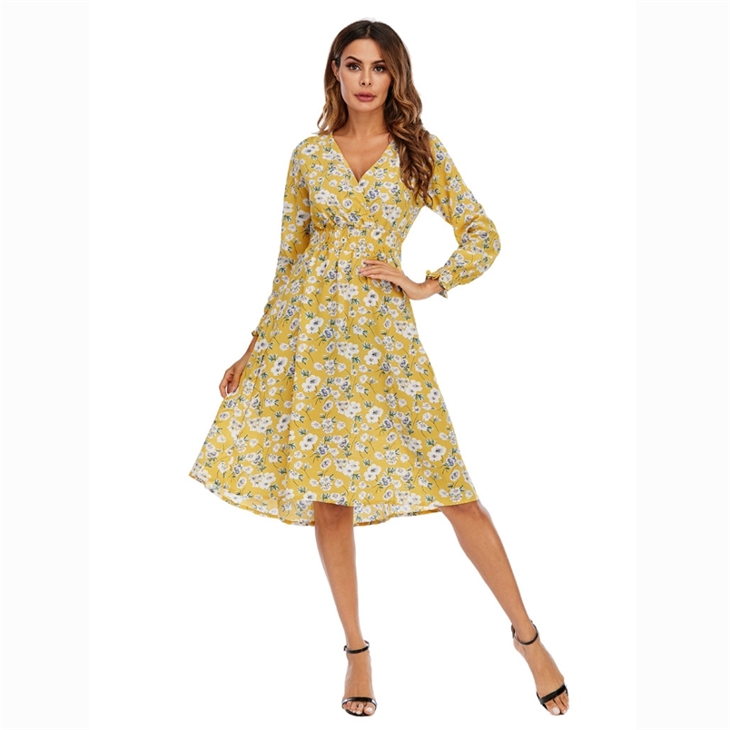 

Ladies Long Sleeve Yellow Chiffon Dress V Neck Flower Print Asymmetry es for Women Tunic Tuxedo Summer Party 210604, Black