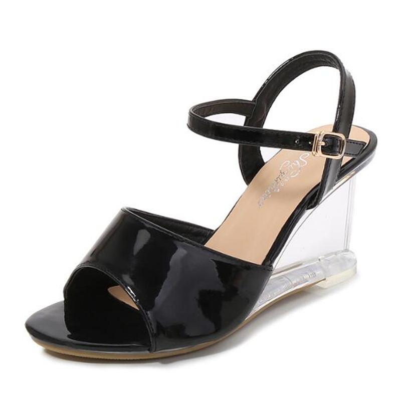 

Sandals 2021 Summer Women 8CM Wedges High Heels Fall Street Look Patent Leather Buckle Strap Open Toed Party Shoes, Black