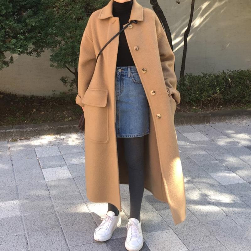

Women's Wool & Blends ZCSMLL Korea Chic Autumn And Winter Retro Lapel Single-breasted Loose Big Pocket Oversize Over The Knee Long Woolen Co, Khaki