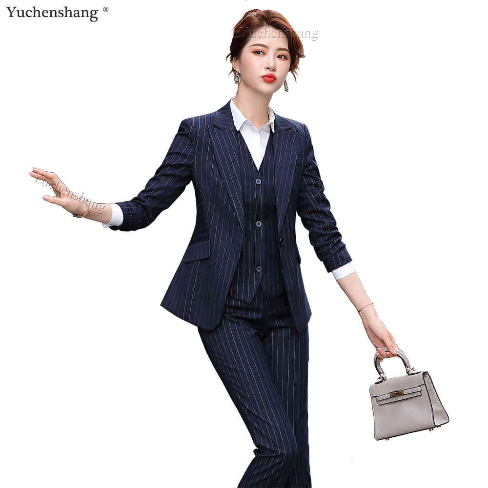 

Women' Suits & Blazers High Quality 3 Piece Set Women Office Lady Formal Business Work Pant Suit Gray Black Stripe Blazer Vest and Trous fo, Black 3 piece sets