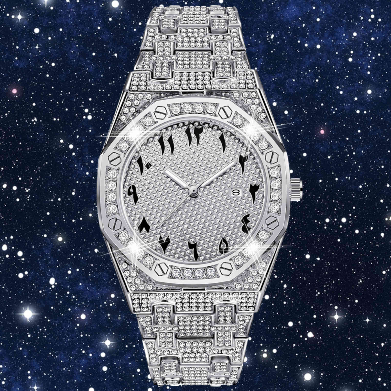 

Hip Hop Watch Men Luxury Bling Diamond Iced Out Men's Watches Fashion Quartz Wristwatch Man Arabic Numerals Montre Homme 2021, Silver