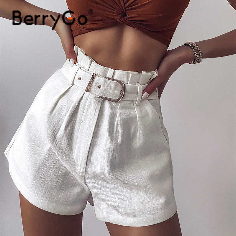 

BerryGo White cotton high waist women shorts Summer ruffled belt female short bottoms Fashion short pants streetwear Shorts 210611