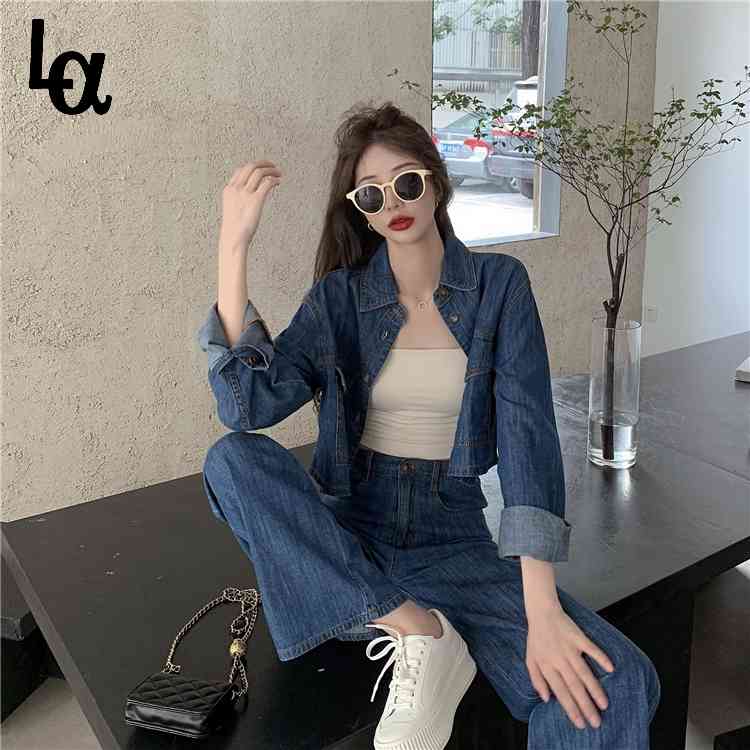 

Spring Summer Women 2 Pieces Denim Suits Vintage Street Lady Jackets+Hight Waist Long Jeans Sets Korean Fashion 210519, Only pants