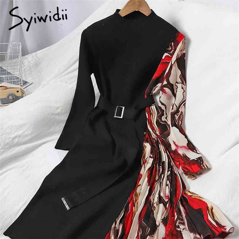 

Fashion High Waist Knitted Dresses Women Sashes Contrase Color Spliced Long Sleeve Half Collar A-line Winter 210607, Red