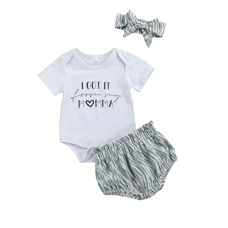 

Clothing Sets 3Pcs Fashionable Baby Girls Boys Outfit, Summer Short Sleeve Round Collar Letter Romper + Diagonal Stripe Shorts Bow Headwear, White