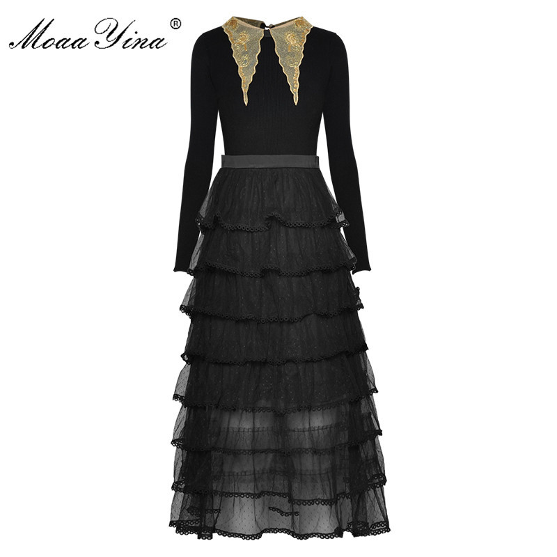 

Spring Women' Mesh Sequins Embroidery turn-down collar knitting Patchwork Cascading Ruffle Black Elegant Dresses 210524