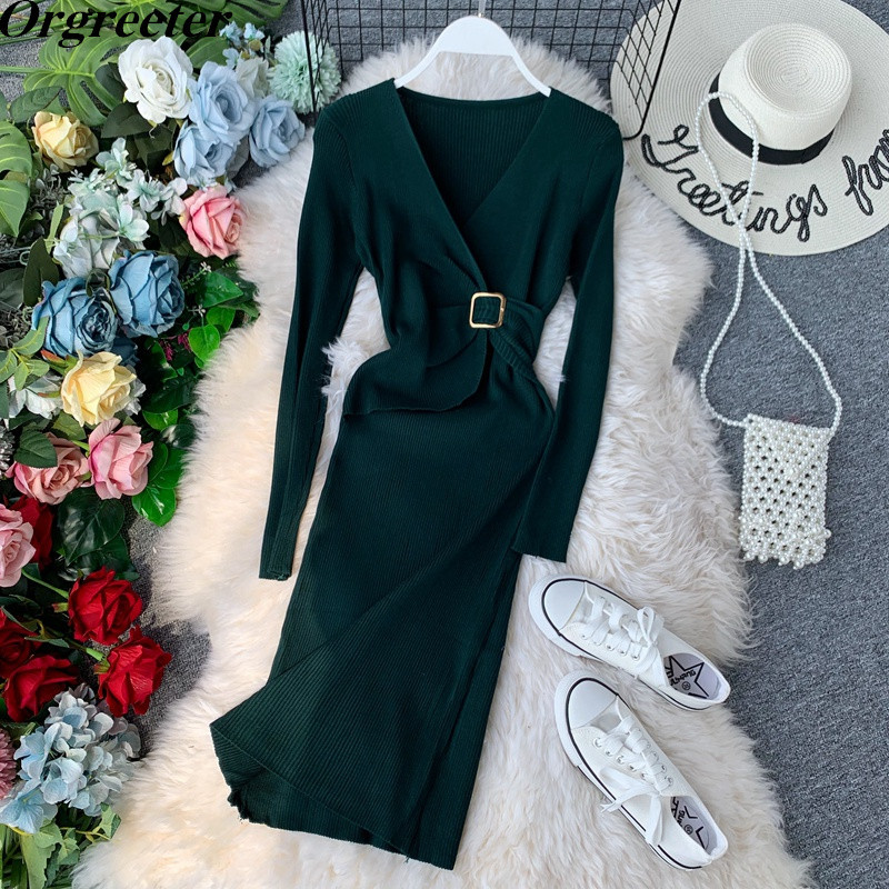 

4 Colors Choose Spring Bottoming Sweater Dress Korean Fashion V-neck Flod Long-sleeved Knee-legnth Knitted 210525, Black