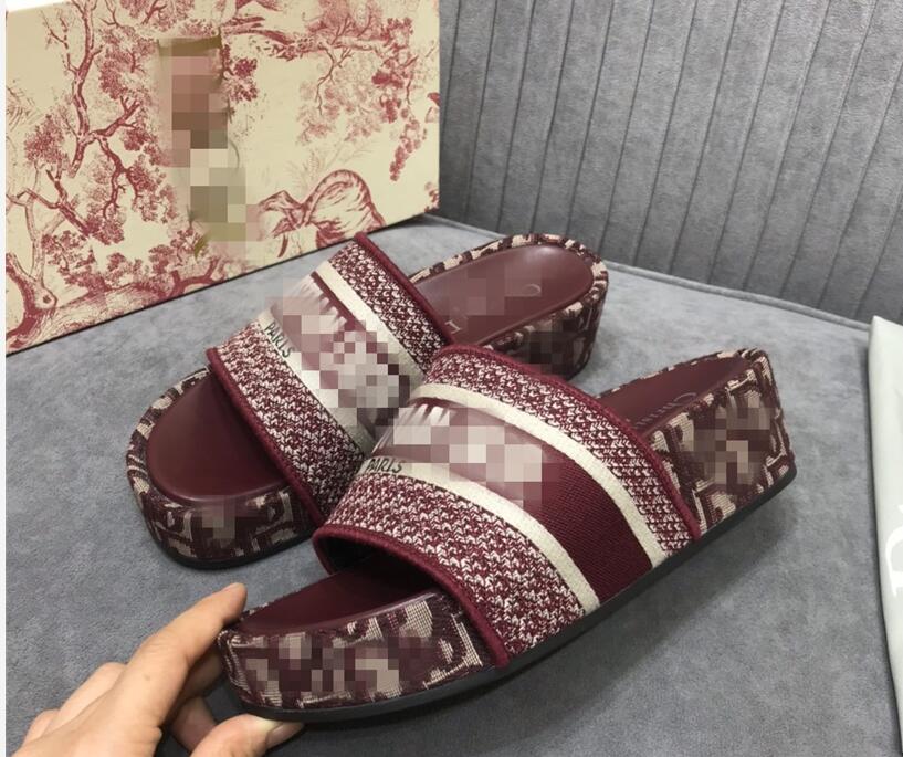 

Summer Mules Wedge Heel Sandals Blue Oblique Embroidered Cotton Platform Oblique Jacquard Real Leather WITH BOX Luxury Women Shoes size 35-40