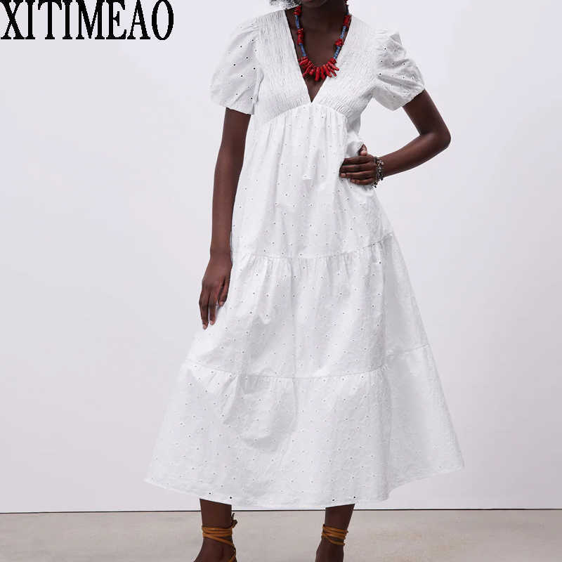 

ZA Women White Lace Dress Short Sleeve Deep V Neck High Waist Slim A Line Skirt Female Holiday Long XITIMEAO 210604