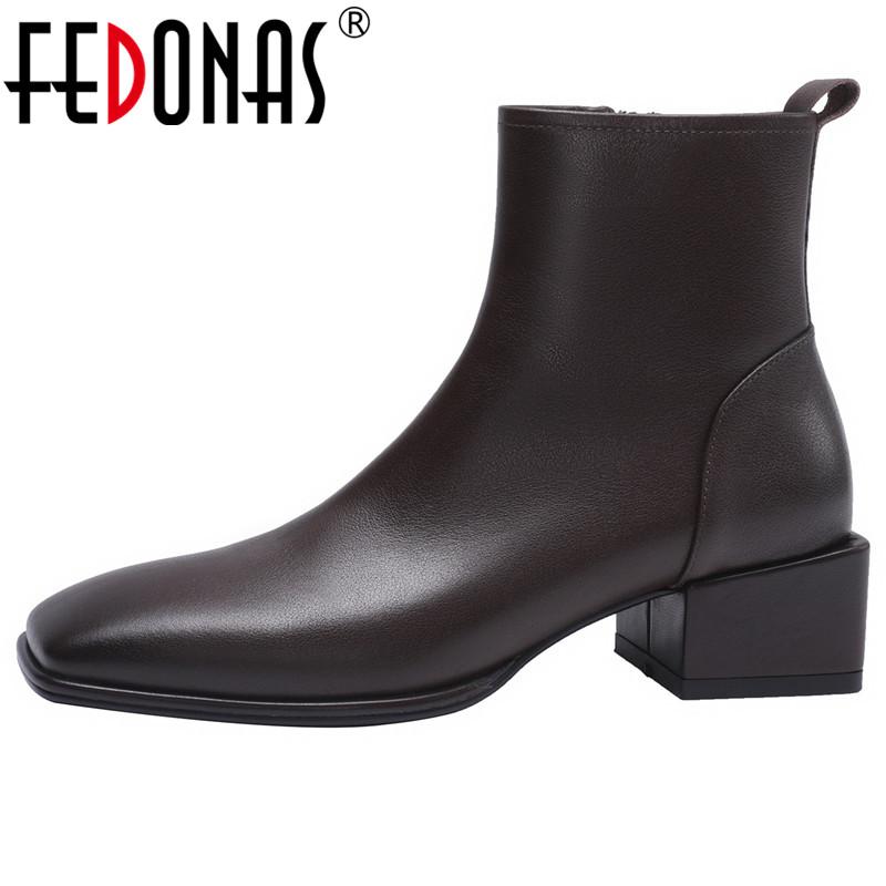 

Boots FEDONAS 2021 Autumn Square Toe Ankle Genuine Leather Side Zipper Shoes Woman Heels Classic Design Working Basic Women Pump, Black