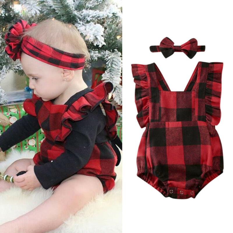 

Jumpsuits 0-18M Christmas Baby Red Clothes Born Infant Girls Plaid Rompers Ruffles Jumpsuit Sleeveless Xmas Costumes, Blue
