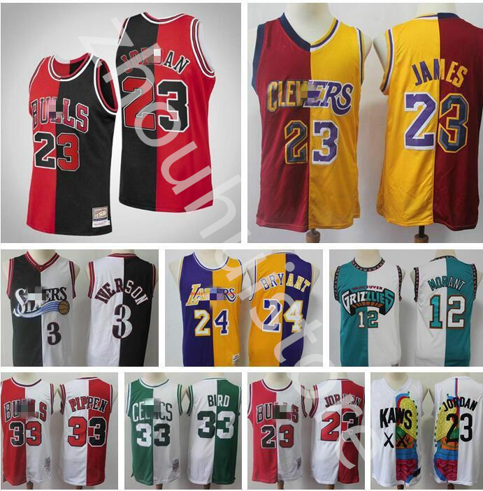 

Split Two Colors Basketball Jersey Allen Iverson Pippen Hakeem Olajuwon Tracy McGrady Vince Carter Larry Bird Red Black, Black;red